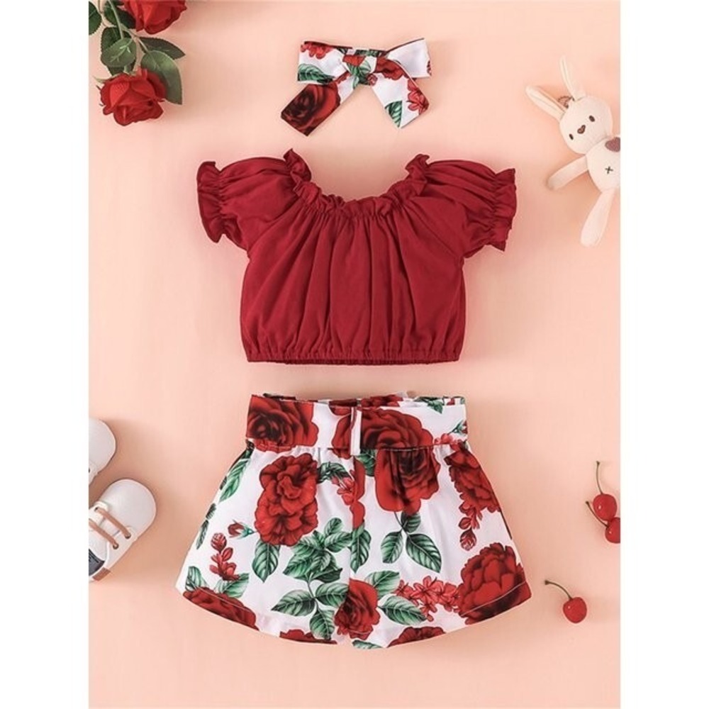 Toddler Girl Summer Outfit Sets Solid Color Short Sleeve Top Floral Short 18-24M